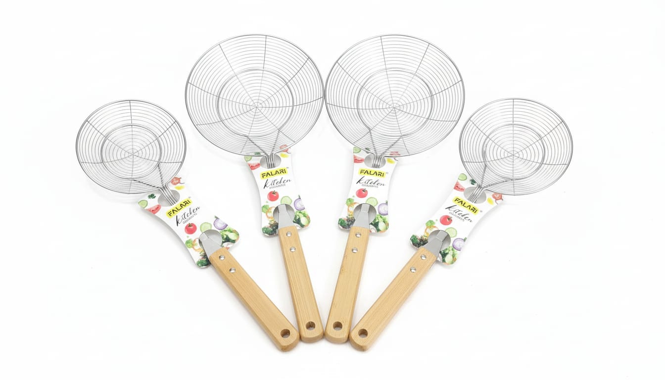 Falari Kitchen Stainless Steel Mesh Skimmer Set – Wooden Handle Deep Fry Strainer (5" 6"7" 8" Sizes)