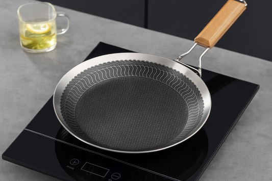 Premium Laser-Coated Non-Stick Honeycomb Tawa – Stainless Steel with Wooden Handle