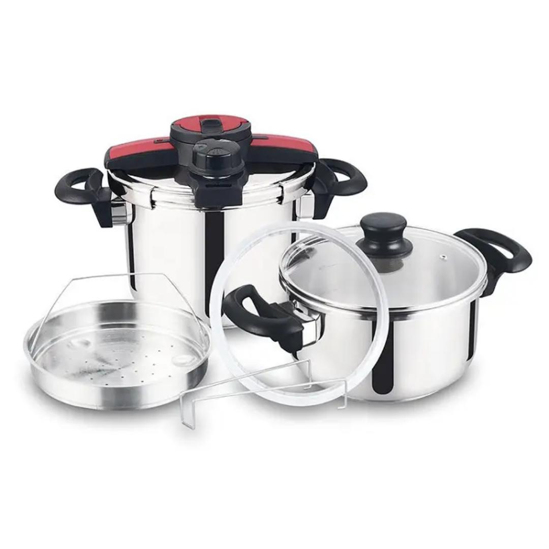 Uniqui 5 & 7 Liter Stainless Steel Pressure Cooker Set with Steamer, Glass Lid & Spare Rubber (8 Pcs)