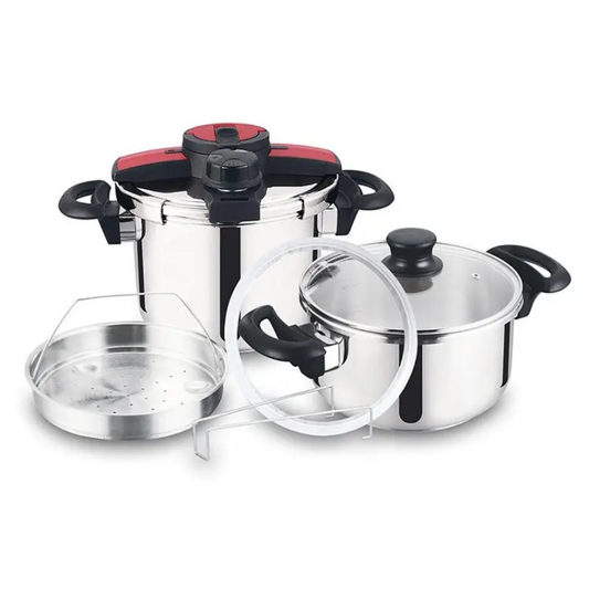 Uniqui 5 & 7 Liter Stainless Steel Pressure Cooker Set with Steamer, Glass Lid & Spare Rubber (8 Pcs)