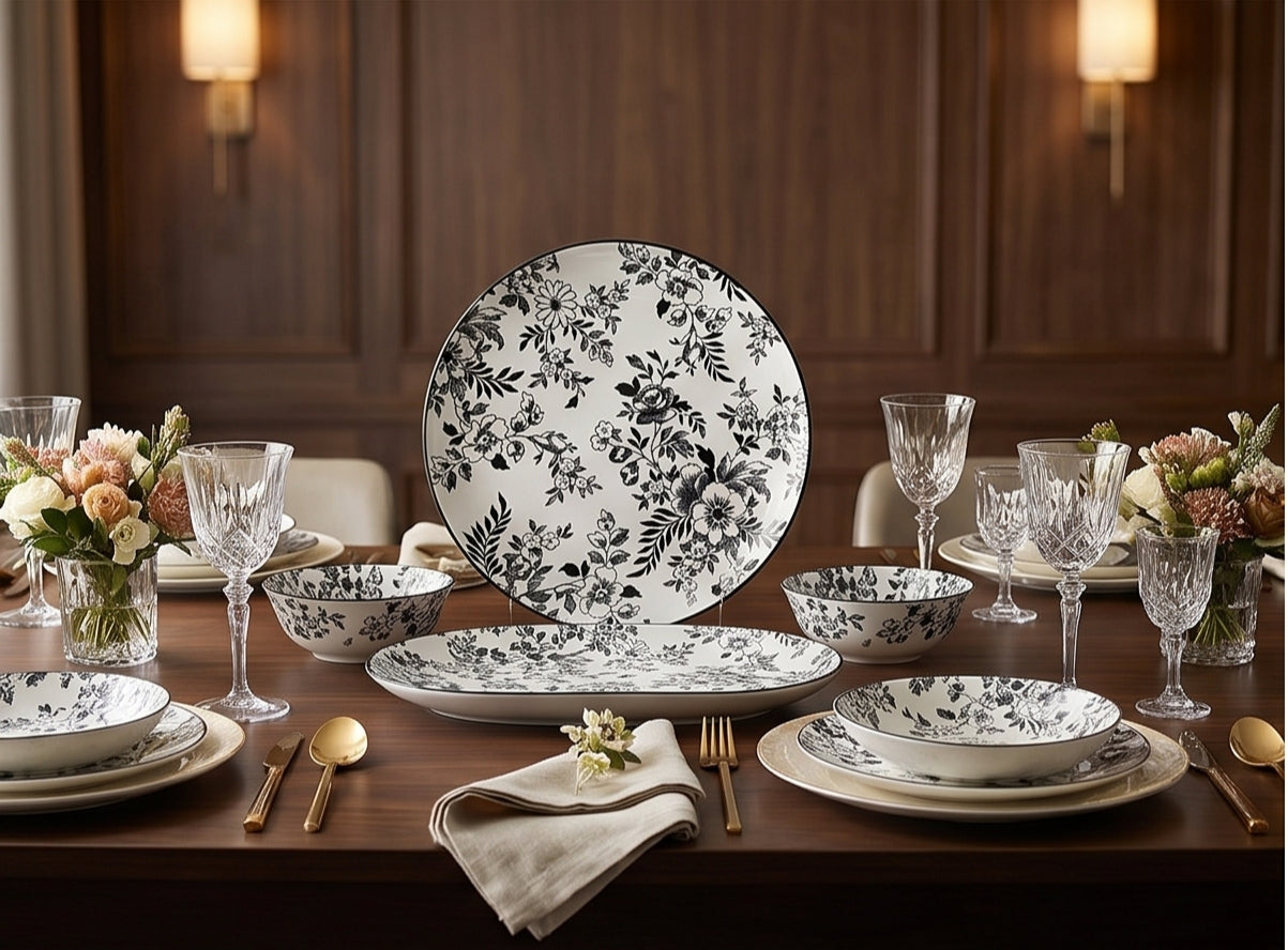 Luxury Floral Dinner Set – Blue & Black | 28 & 36 Piece Premium Porcelain Collection