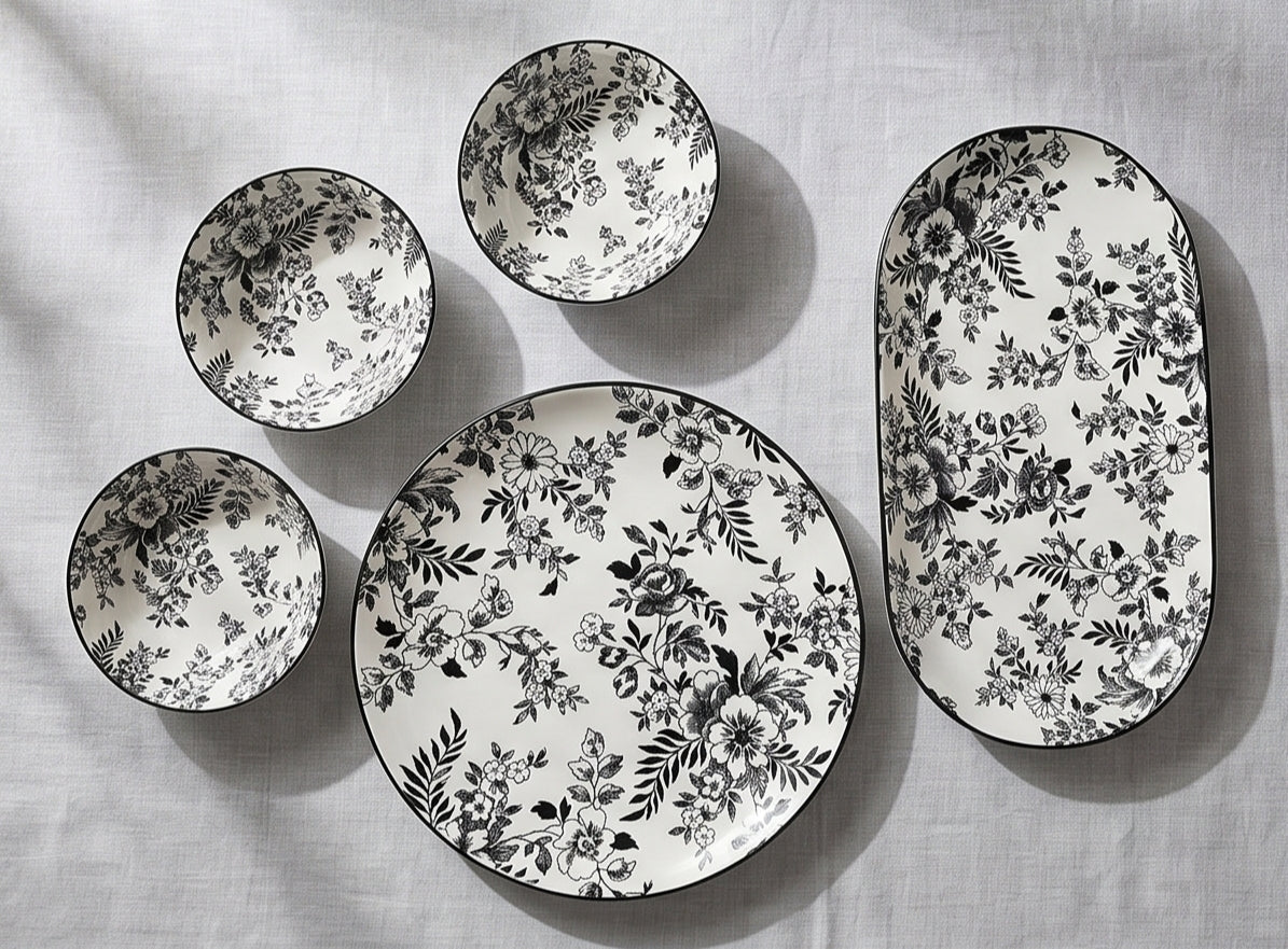 Luxury Floral Dinner Set – Blue & Black | 28 & 36 Piece Premium Porcelain Collection