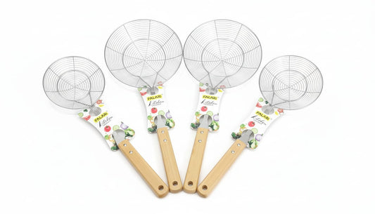 Falari Kitchen Stainless Steel Mesh Skimmer Set – Wooden Handle Deep Fry Strainer (5" 6"7" 8" Sizes)