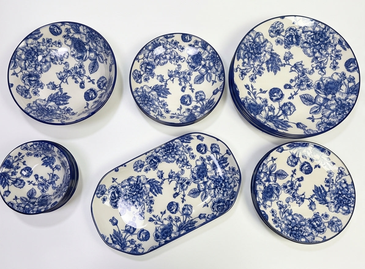 Luxury Floral Dinner Set – Blue & Black | 28 & 36 Piece Premium Porcelain Collection